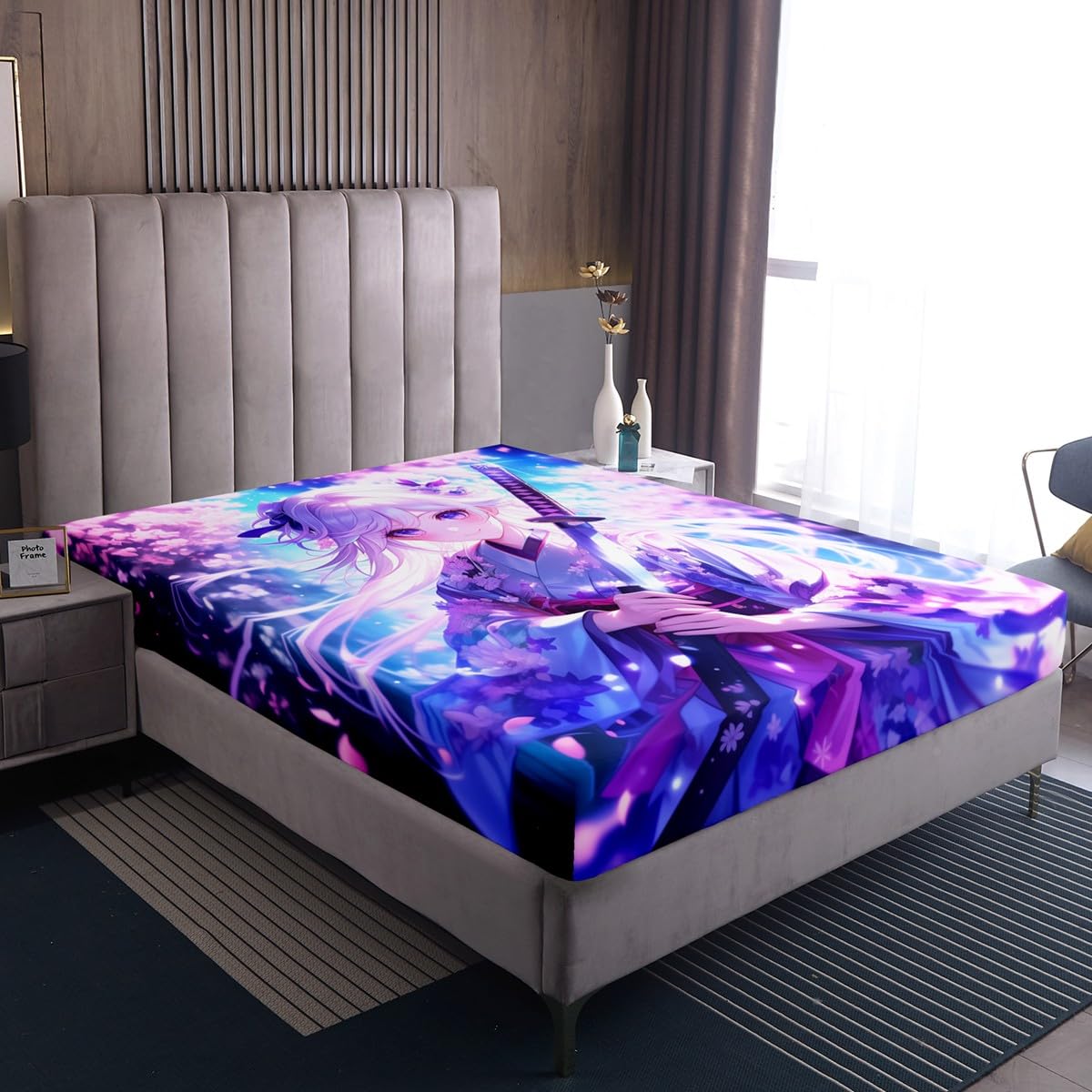 Erosebridal Anime Girl Twin Bedding Set for Kids, Kawaii Japanese Anime Fitted Sheet Cartoon Girl Bed Sheets Sci Fi Style Japanese Animation Sheets for Kids Girls Teens Adult Bedroom