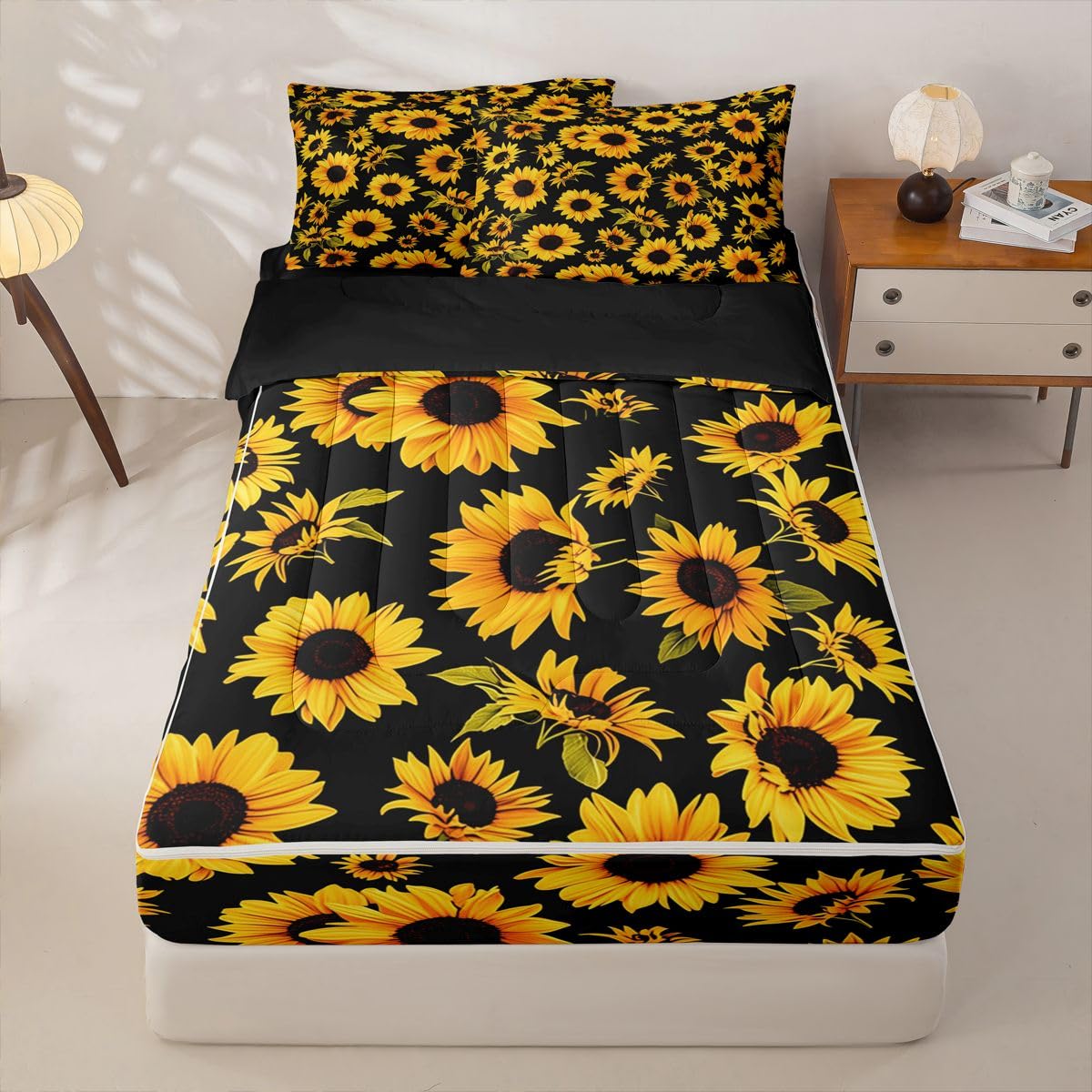 Feelyou Sunflower Comforter Set Queen Botanical Floral Zipper Bedding Set for Kids Boys Girls Yellow Sunflower Bed in a Bag Microfiber with 2 Pillow Cases