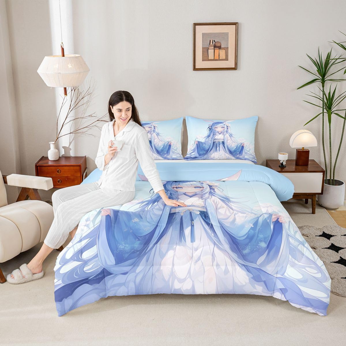 Erosebridal Traditional Japanese Comforter Set, 3D Anime Bedding for Kids Girls, Kawaii Decor With Blue Butterfly, Down Comforter Full Size