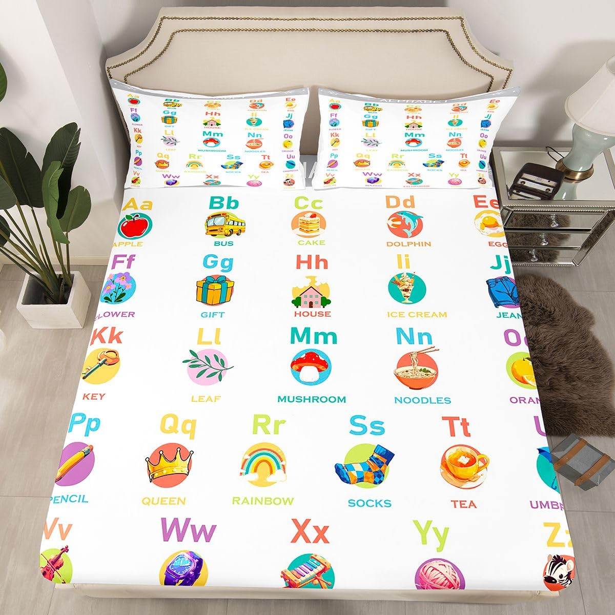 ABC Alphabet Fitted Sheet Twin Size, Cartoon Bedding Set Numbers Bed Sheet Set Kids Toddler Educational Learning Bed Cover with 1 Pillow Case (No Flat Sheet)