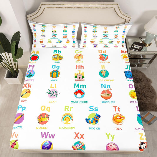 ABC Alphabet Fitted Sheet Twin Size, Cartoon Bedding Set Numbers Bed Sheet Set Kids Toddler Educational Learning Bed Cover with 1 Pillow Case (No Flat Sheet)