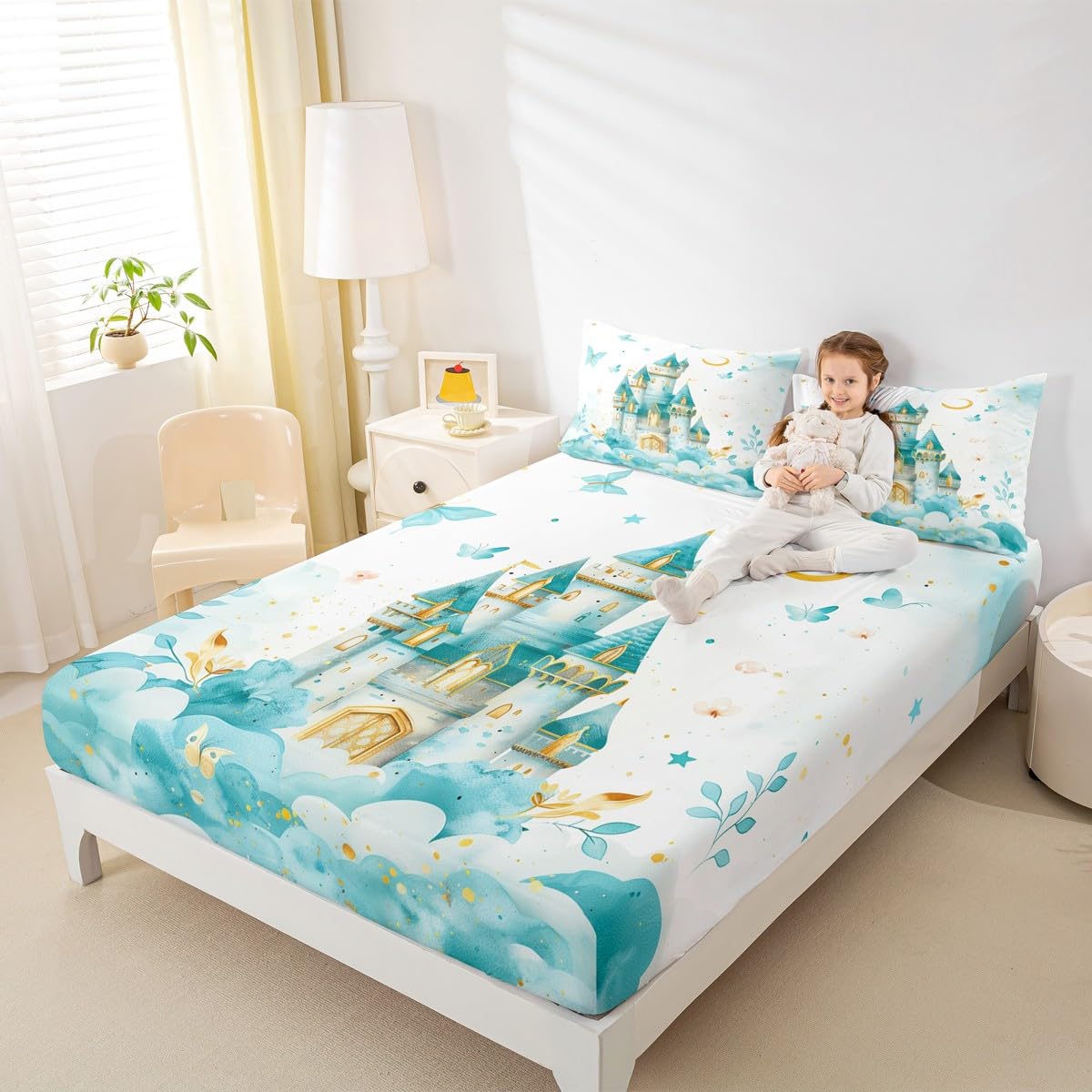 Erosebridal Princess Twin Bedding Set for Girls Kids - Castle Butterfly Fitted Sheet, Girly Coquette Butterflies Bottom Sheets Only | Moon and Stars Aesthetic Bed Set 2 Piece Room Decor