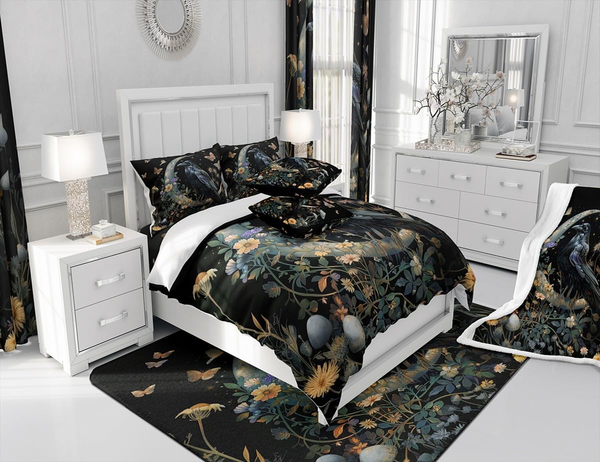 Black Crow Comforter Set Queen Size,Moon Daisy Flower and Butterfly Bedding Set,Kids Girls Boys Teens Room Decor,Halloween Theme Animals Plants Quilt Set Boho Trippy Duvet Insert,2 Pillowcases…