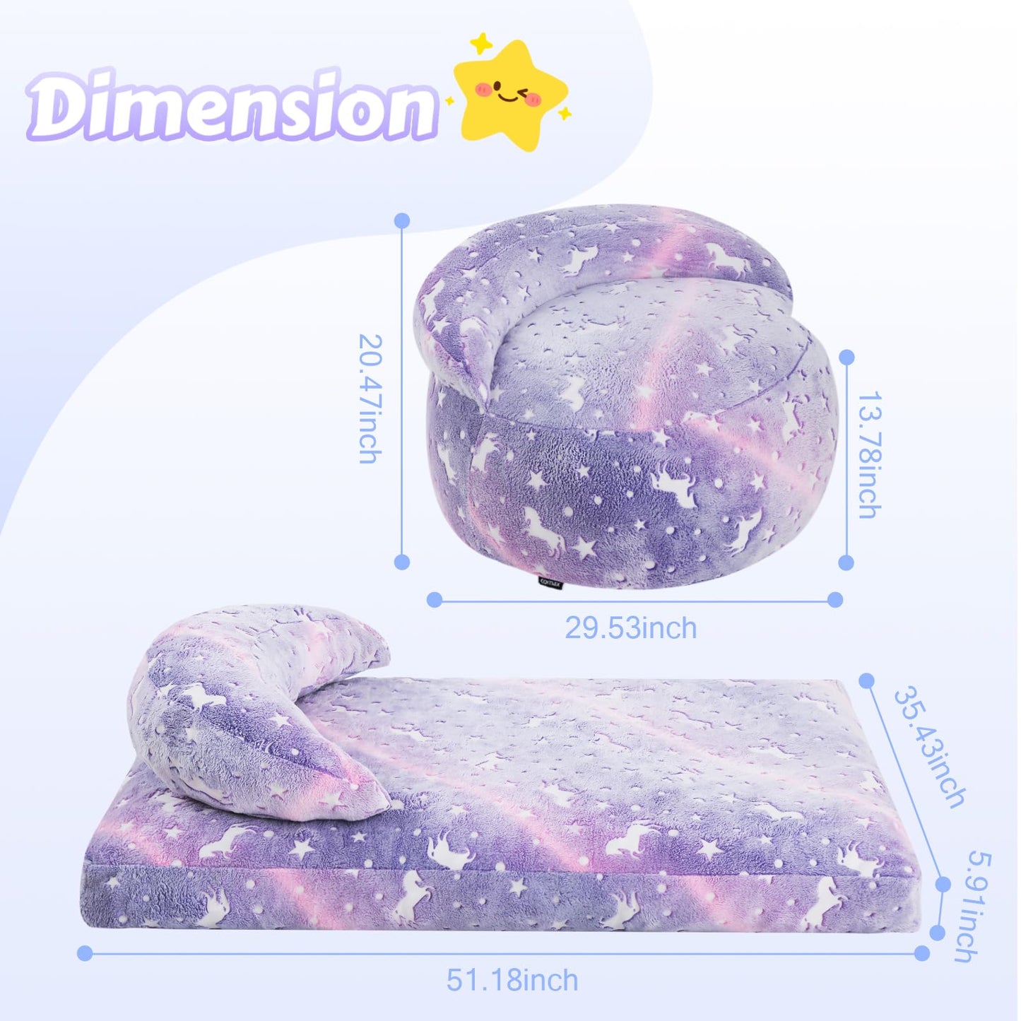 COMAX Bean Bag Chair for Kids, Dinosaur Convertible Toddler Beanbag Bed, Children Bean Chair Stuffed to Floor Mattress with Filler, Purple Unicorn