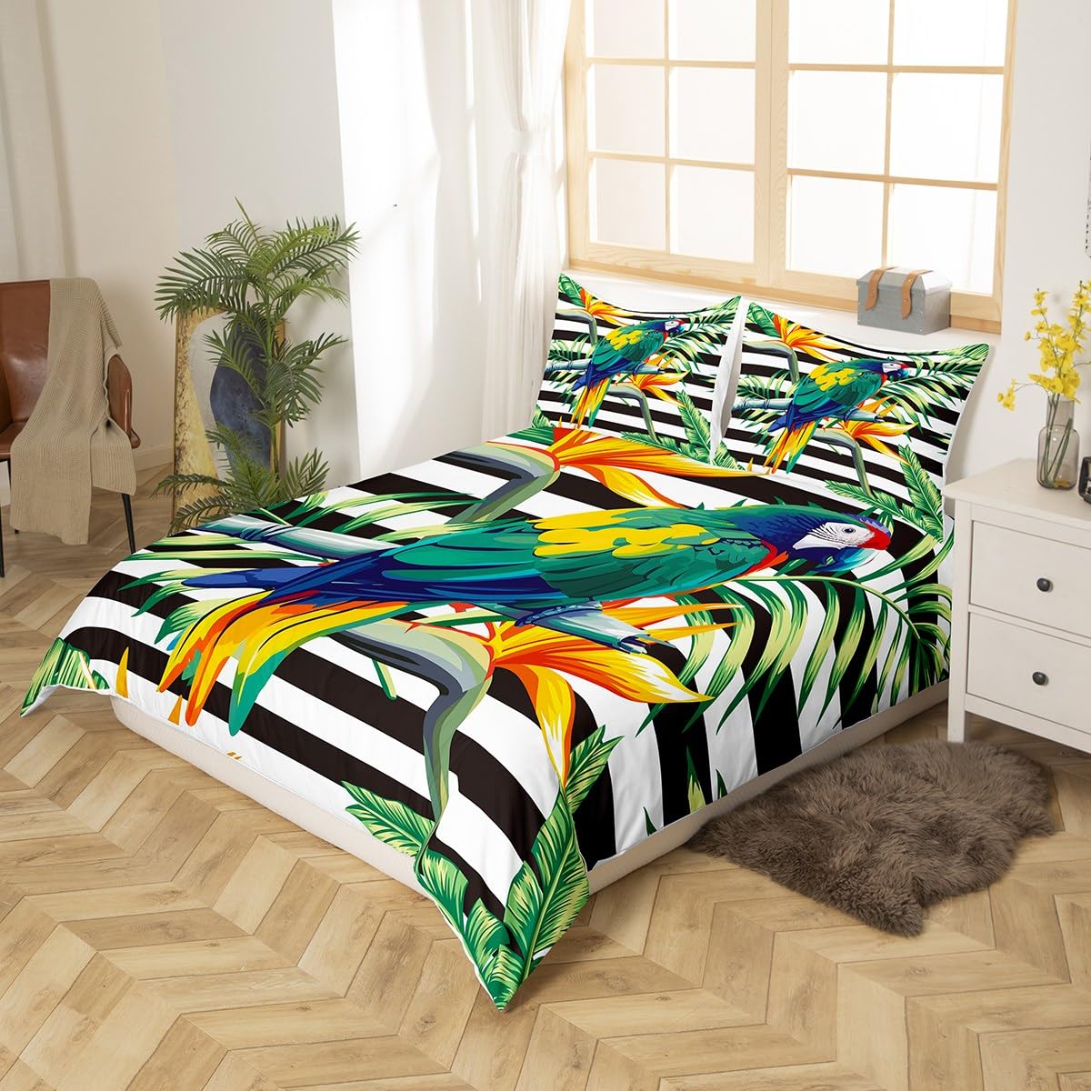 Tropical Tree Duvet Cover King,Black White Stripe Bedding Set Green Plant Palm Leaves Quilt Cover Bird Parrot Animal Comforter Cover,Botanical Yellow Floral Bed Cover with 2 Pillow Shams