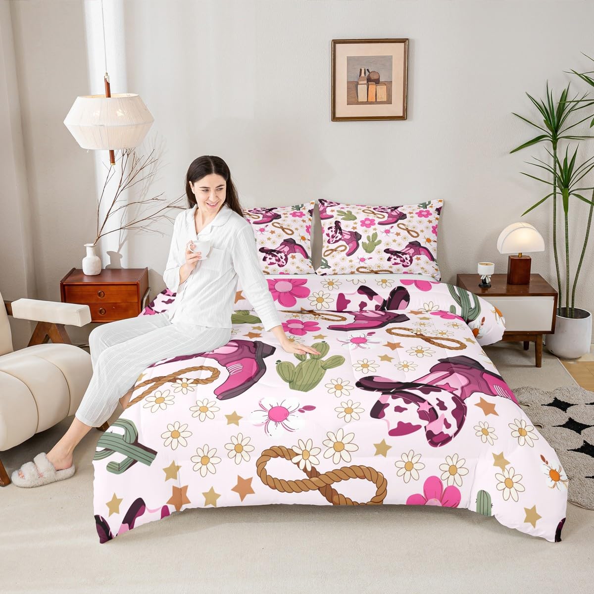 Feelyou Western Kids Comforter Set Full Size Cowgirl Floral Bedding Set Western Cowboy Boots Duvet Quilt for Kids Boys Girls Bedroom Wild West Cactus Flower Decor Light Pink Ultra Soft Breathable