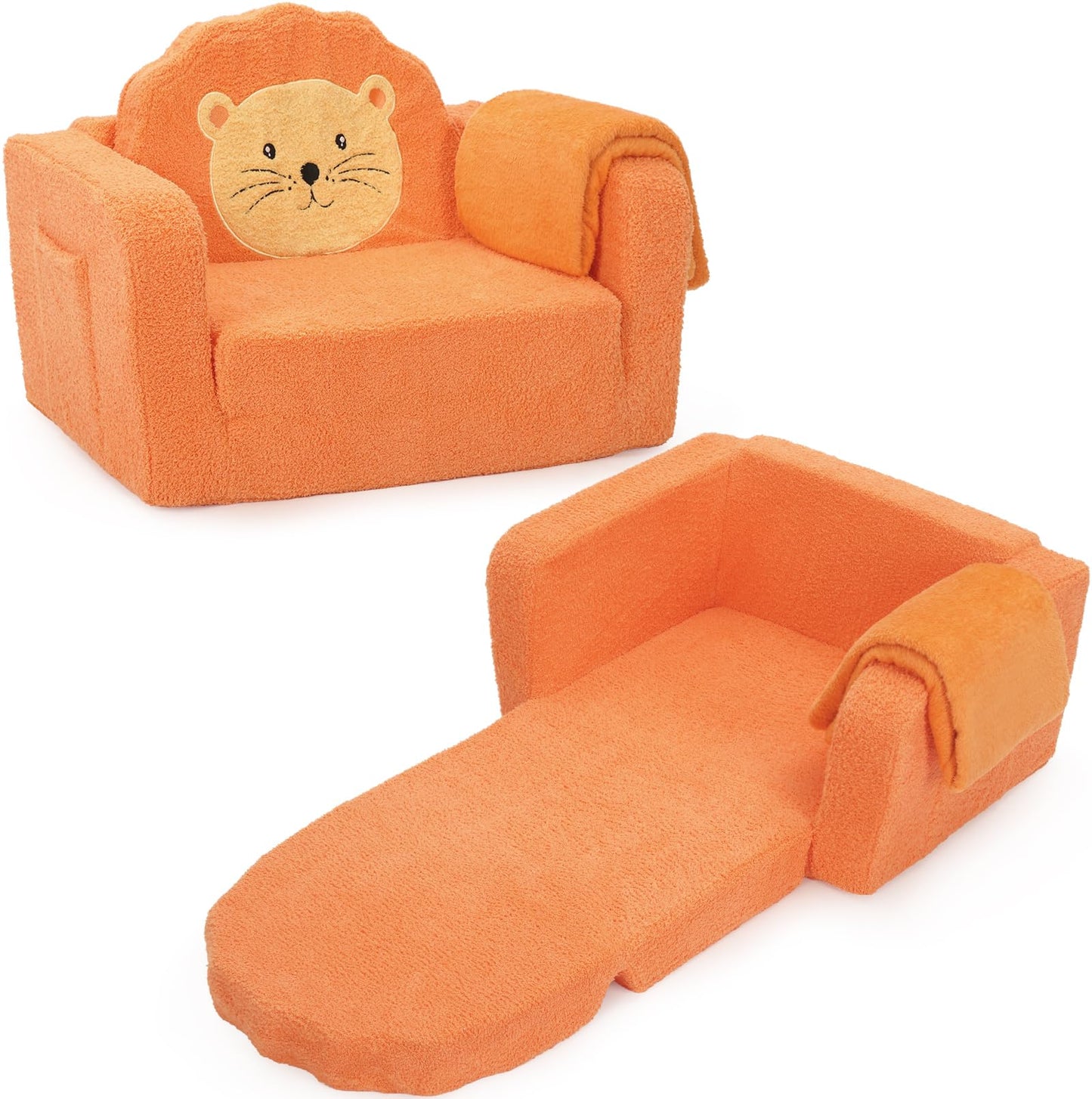 Foryoomi Upgraded Kids Couch, 2-in-1 Soft Top-Flip Fold Out with Blanket, Comfy Convertible Plush Sofa Chair, Great Gifts for Little Ones, Lion