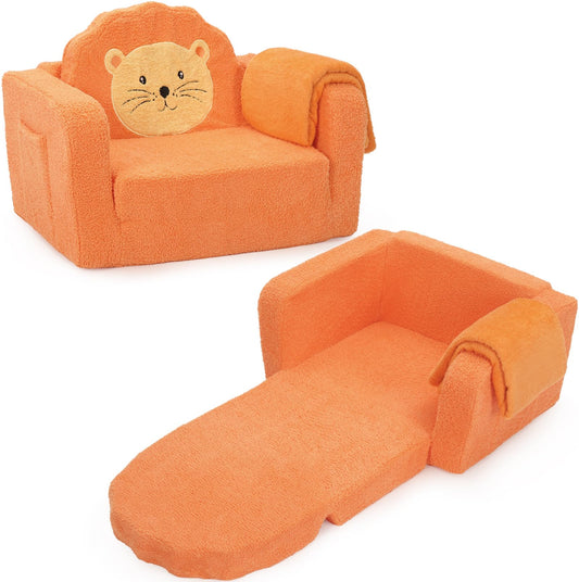 Foryoomi Upgraded Kids Couch, 2-in-1 Soft Top-Flip Fold Out with Blanket, Comfy Convertible Plush Sofa Chair, Great Gifts for Little Ones, Lion