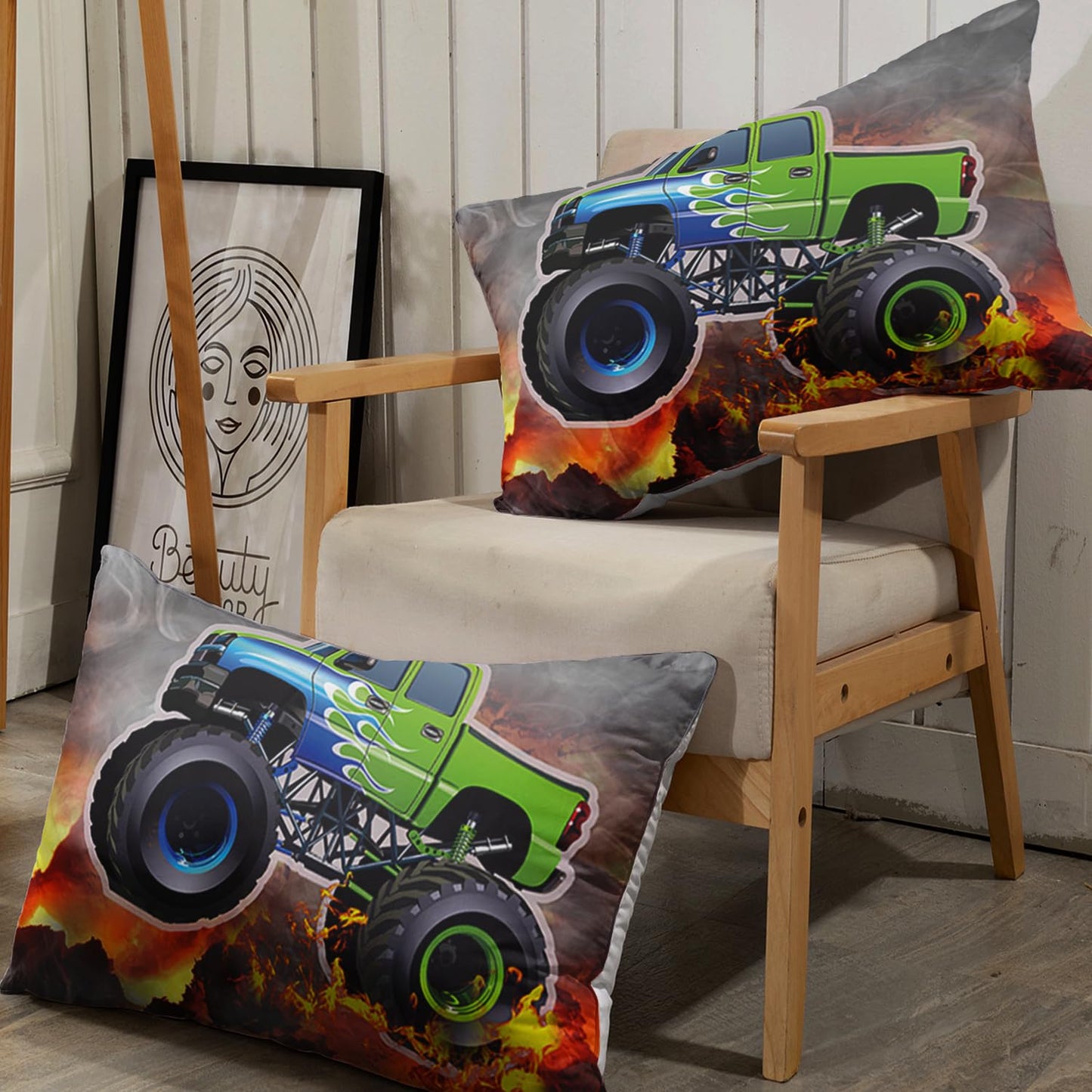 AILONEN Cartoon Green Monster Trucks Fitted Sheet Set Twin Size for Kids Boys, Extreme Sports Bedding, 3 Pieces: 1 Fitted Sheet and 2 Pillowcases