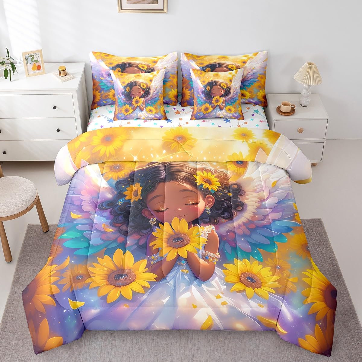 Castle Fairy Girlish Angel Bedding Set,Blooming Sunflowers Twin Comforter Set with Sheets for Kids Girls Teens Room Decor,Dreamy Angel Wings Bed in a Bag 7 Piece for Bedroom Living Room