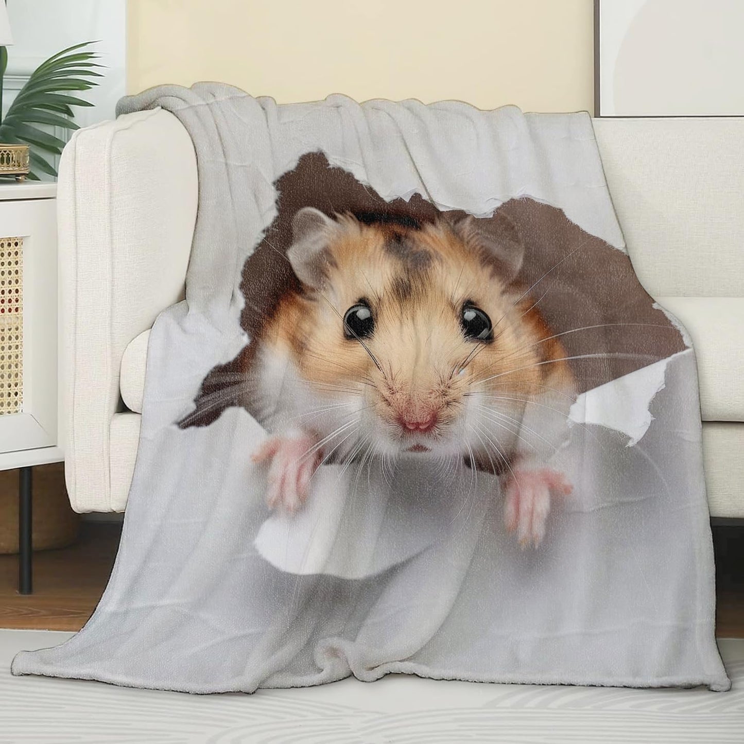 Zeleda Cute Hamster Blanket,Gifts for Pet Lovers,Lightweight Flannel Throw Blankets,Realistic Animal in Torn Paper Throws Home Decor,for Couch Living Room Office,60x50inch
