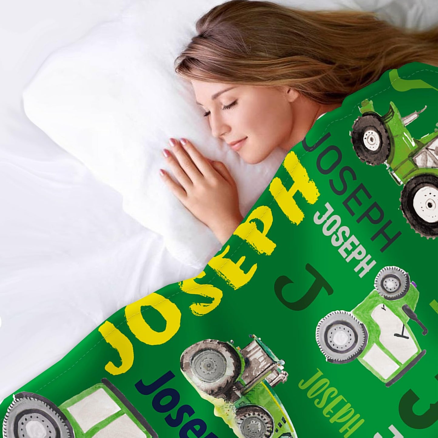 Personalized Tractors Blanket - Custom Name with Farm Tractor Trucks Design - Soft Plush Flannel Bed Blanket for Baby Kid Teen Boys Girls Customized Gifts Green