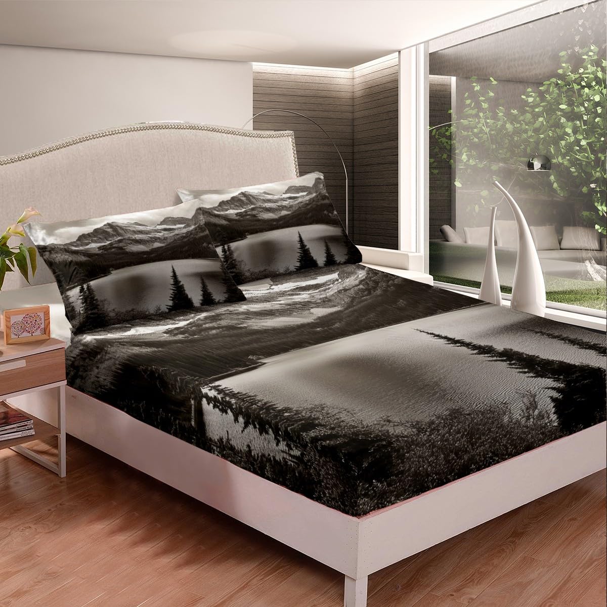 Erosebridal High Mountain Bed Sheets King Size Nature Theme Bedding Set Lake Pine Trees Sheet Set for Teens Adults Men Bedroom,Grey Landscape Fitted Sheet Flat Sheet 2 Pillow Cases