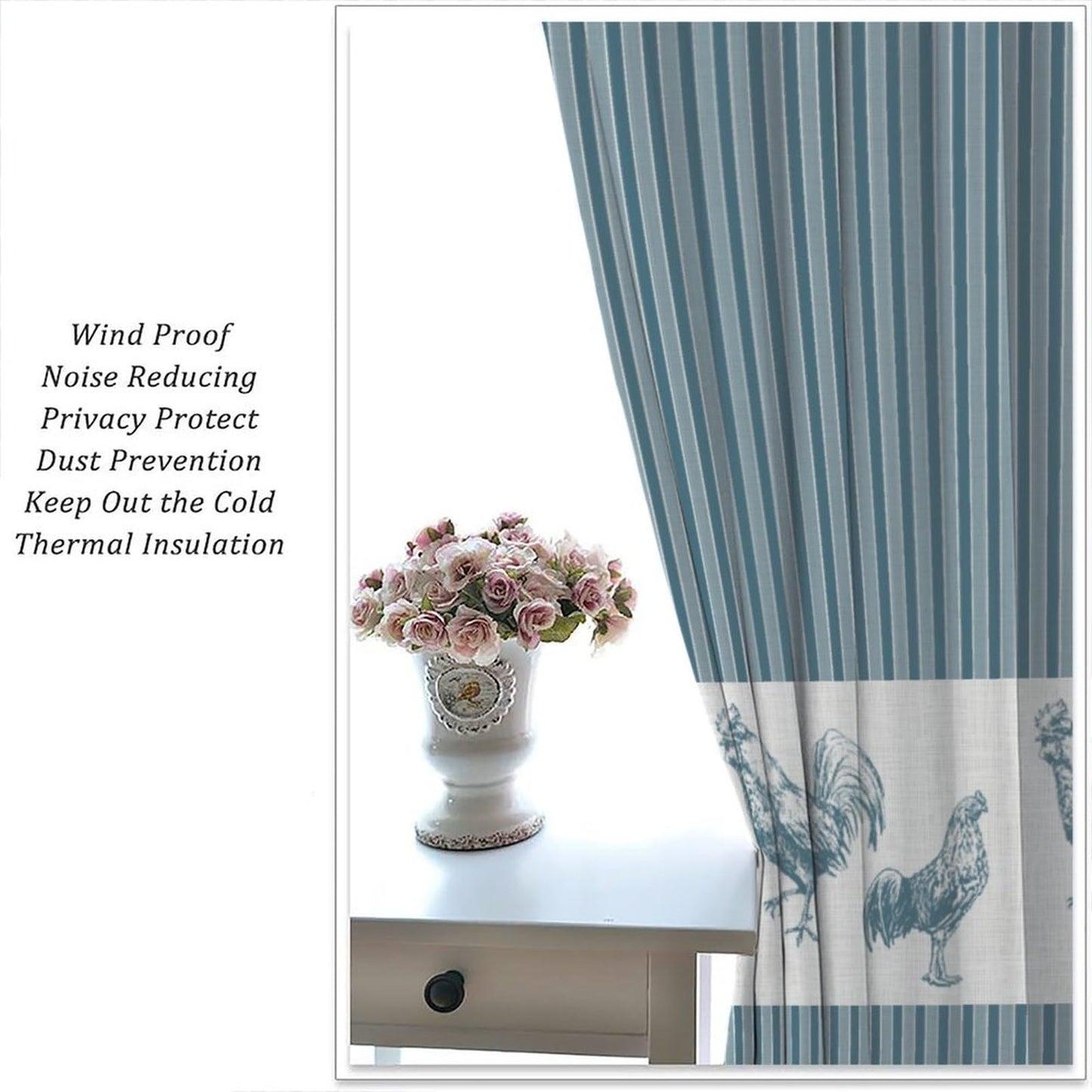 DDCBNS Chicken Kitchen Curtains,Rustic Rooster Pattern Stripe Modern Concise Design Window Treatments for Café Kitchen Rod Pocket Home Décor Drapes 2 Panel Sets Total Size 42" x 45" Blue