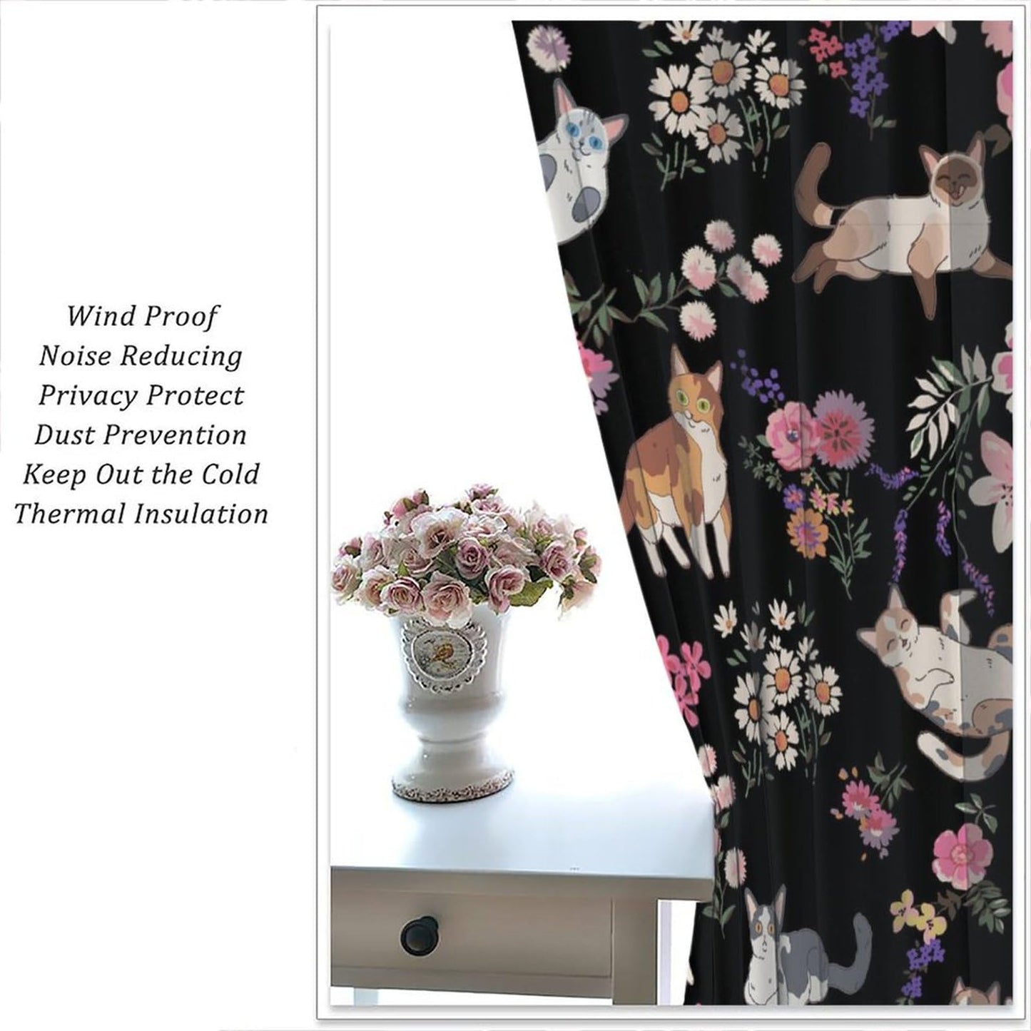 Hazuff Cartoon Cat Girls Curtains,Natural Simple Watercolor Cute Pet Cat Animal Flower Windows Treatments Rod Pocket Drapes for Kids Living Room Bedroom Bathroom 42x44.5in