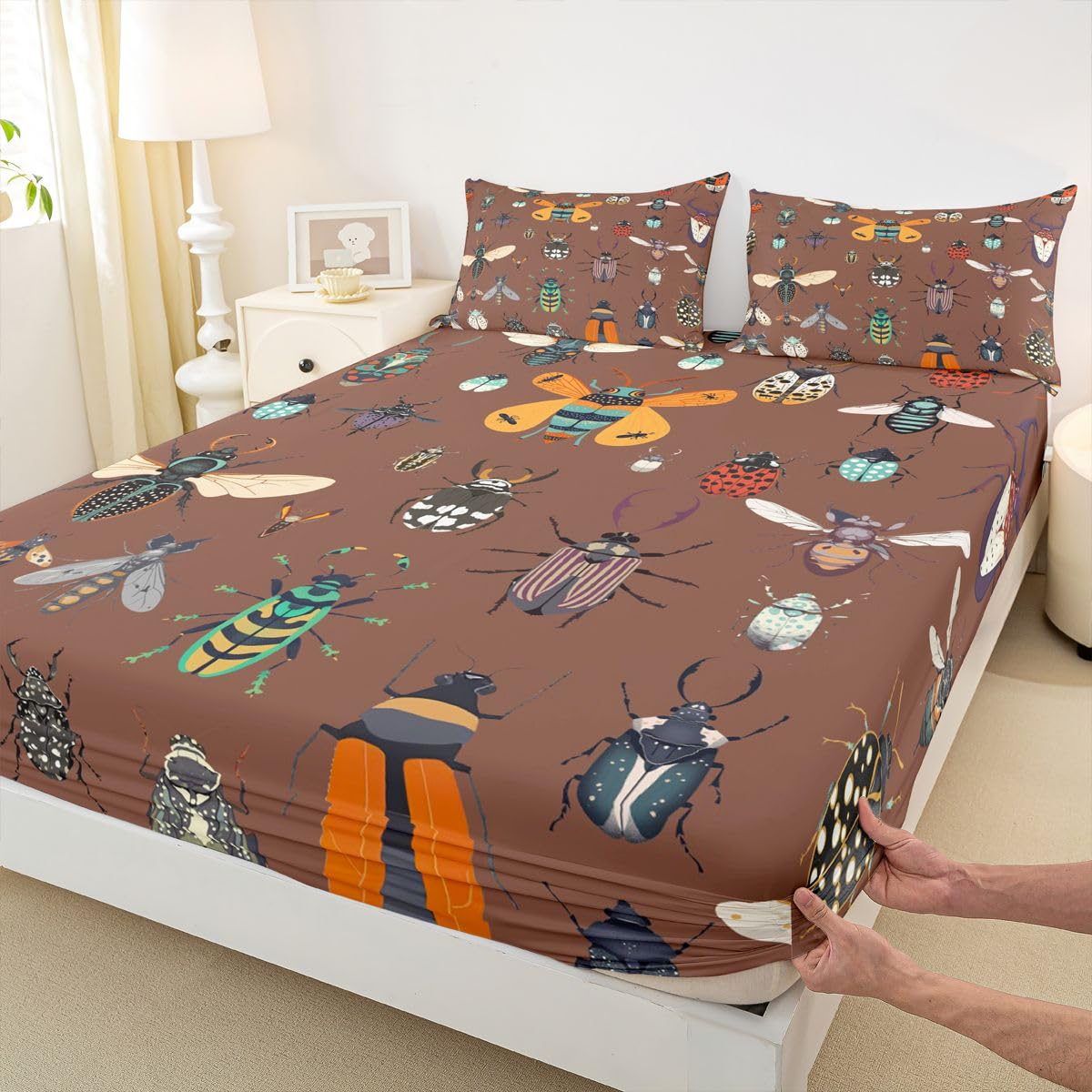 Castle Fairy Cartoon Beetles 3Pcs Bed Sheets Set Twin Size Nature Animals Coleoptera Bedding Sets for Kids Girls Boys Room Decor Country Rustic Style Soft(Fitted + Flat,1 Pillowcase) Dark Brown