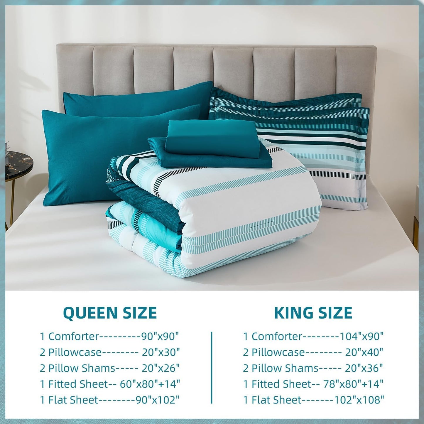 Dobuyly Teal Queen Comforter Set 7 Pieces, Blue Boho Striped Bed in a Bag Queen Size Soft Microfiber All Season Bedding Set with Comforter, Sheets, Pillowcases & Shams