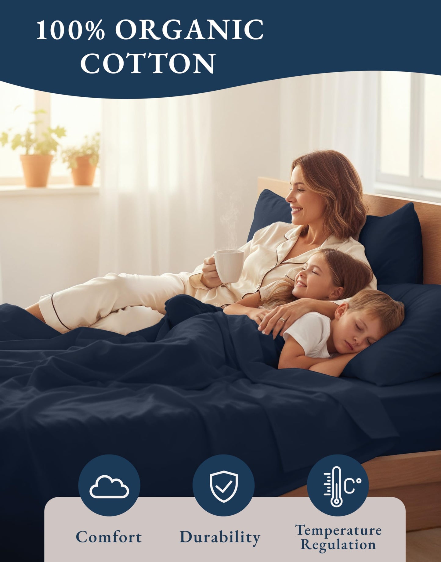 LANE LINEN Eco Friendly 100% Organic Cotton Bed Sheets Queen Size, Soft & Comfy Percale Weave, Fully Elasticized Mercerized Naturally Cooling Cotton Sheets Queen Size Set- Navy