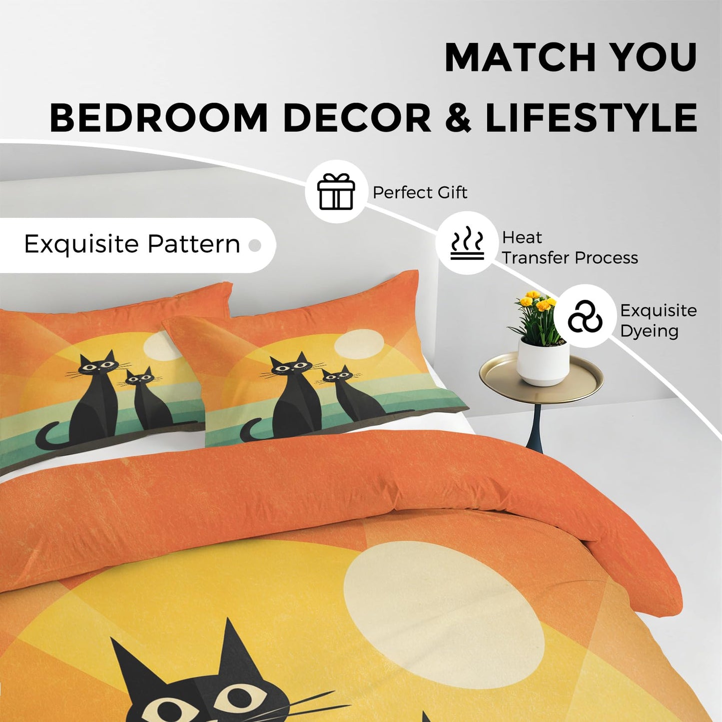 Mid Century Cat Duvet Cover Twin Size, Abstract Boho Sun Kitten Bedding Set 2 pcs with 1 Pillow Cover, Mid Century Modern Bedroom Decor, Soft Microfiber Reversible, Zipper & Ties KJJT 15