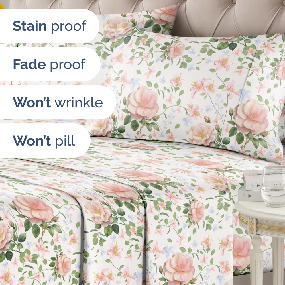 CGK Unlimited Floral Sheets - Pink Floral Rose Bed Sheet Set - 1 Flat, 1 Fitted & 2 Pillowcases w/Deep Pockets - Wrinkle & Fade Free - Boho Botanical Bedding - Ultra-Soft, Breathable and Cooling