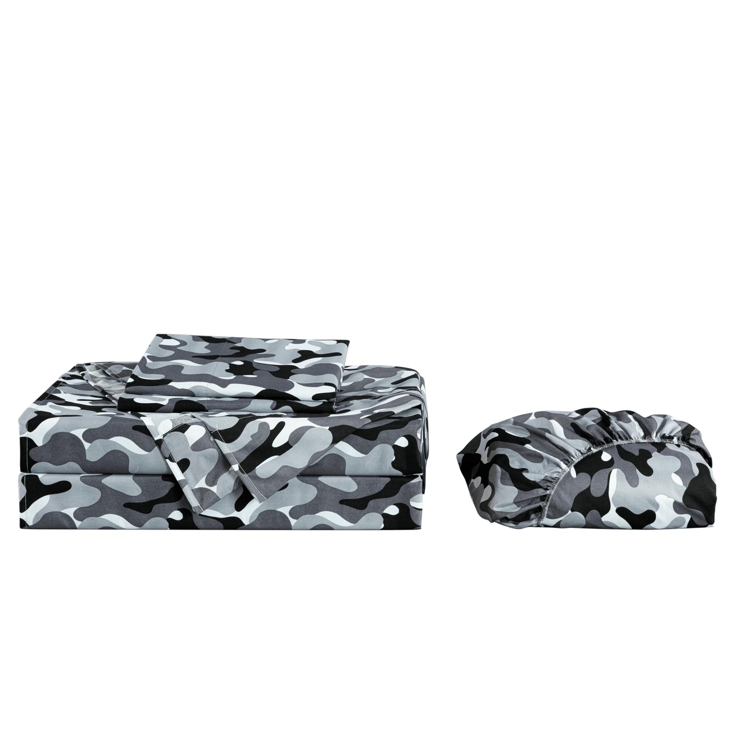 Chezmoi Collection Military Camo 4-Piece Sheet Set - Camouflage Black Gray Printed Microfiber Soft Breathable Deep Pocket Sheets and Pillowcases Set, Queen Size