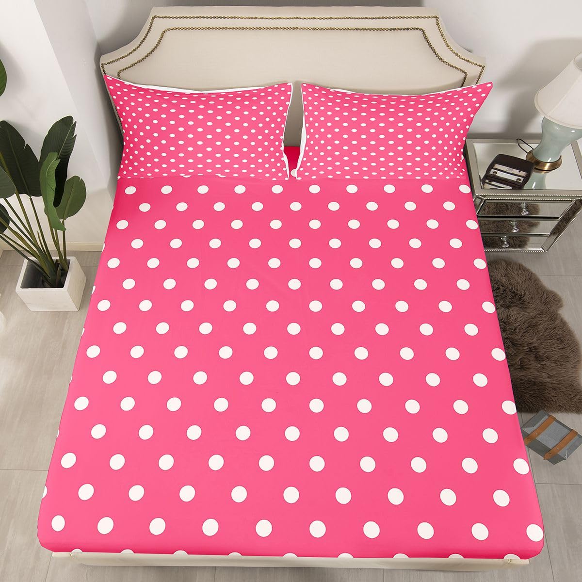 jejeloiu Pink White Polka Dot Fitted Sheet with 2 Pillowcases Full Size Retro Cute Polka Dot Bed Sheets Set 16" Deep Pocket Boys Girls Geometric Bedding Luxury Teens Bedroom Decor Breathable Soft