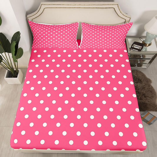 jejeloiu Pink White Polka Dot Fitted Sheet with 2 Pillowcases Full Size Retro Cute Polka Dot Bed Sheets Set 16" Deep Pocket Boys Girls Geometric Bedding Luxury Teens Bedroom Decor Breathable Soft