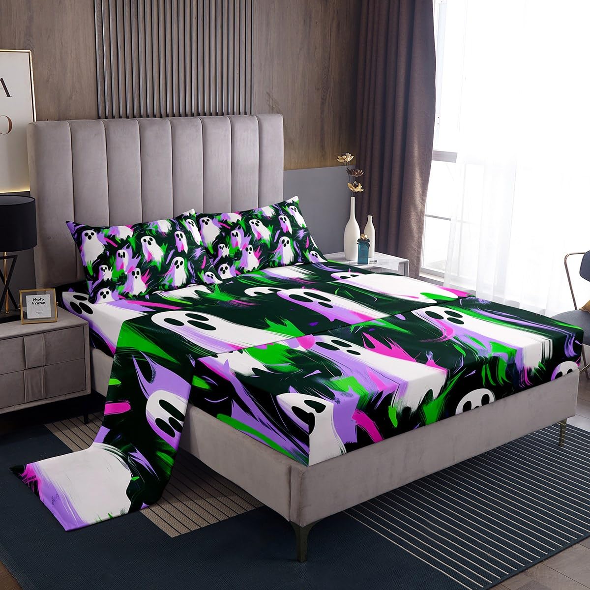 Feelyou Boys Girls Halloween Bed Sheets Set Queen Size, Cute Ghost Sheets with Deep Pocket Fitted Sheet Ghost Festival Sheet Set Kids Cartoon Teens Bedding Set Bedroom Decor with 2 Pillow Case