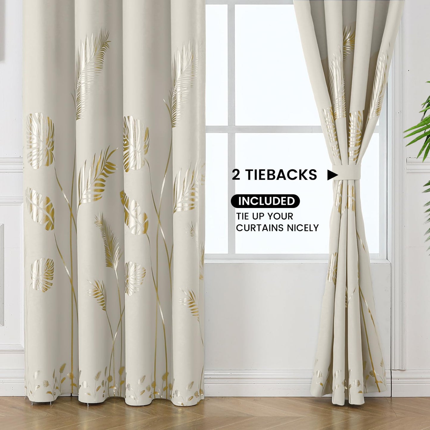 BUHUA Blackout Curtains 72 Inches Length Gold Palm Pattern Designed Window Drapes Room Darkening Noise Reducing Thermal Insulated Curtains, 52W x 72L, Natural, Set of 2 Panels