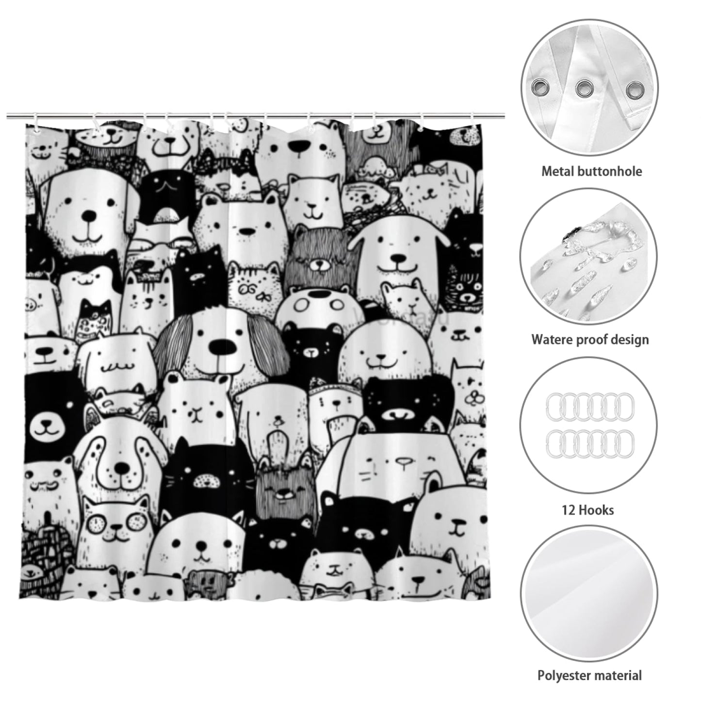 Wordatu Golden Retriever Pet Shower Curtain, Group of Dogs and Cats Animals Cloth Fabric Bathroom Decor Set 72X72 Inches, Black and White