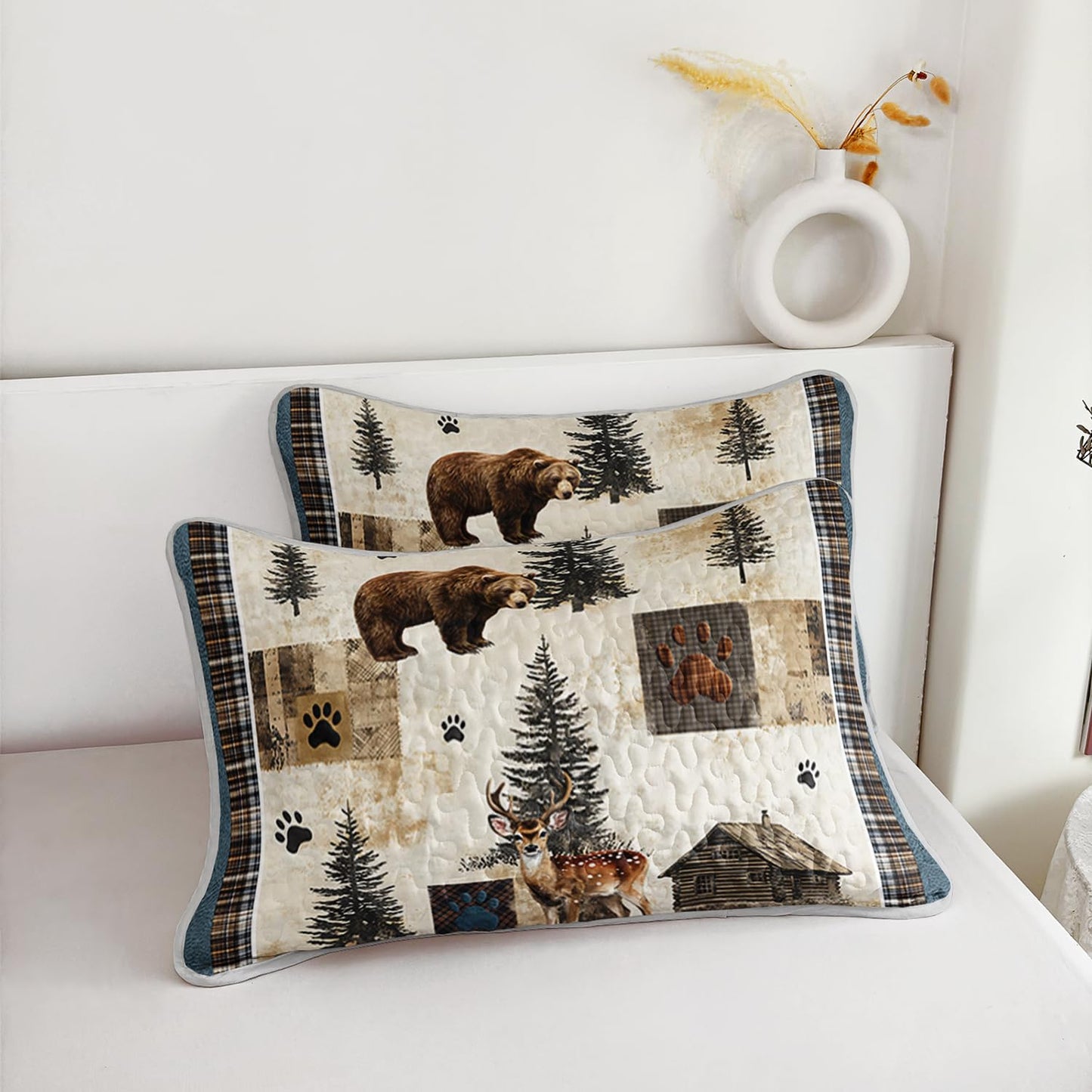 Tuzaovy Bear Deer Quilt Set Queen Size,Rustic Animal Bear Paw Printed Bed Cover Set for Boys Girls Room Decor,Rustic Farmhouse Quilt Bedding,Country Woodland Pine Tree Bedspread Bedroom Decor