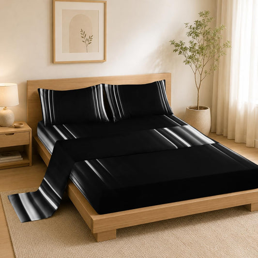 Nttopship White and Black 4 Pieces Bed Sheet SetsQUEEN Size Abstract Ombre Bedding Sets with 16" Deep Pockets Abstract Ombre Bedroom Decor,Bedding Set 4 PCS(1 Fitted+1 Flat+2 Pillowcases)