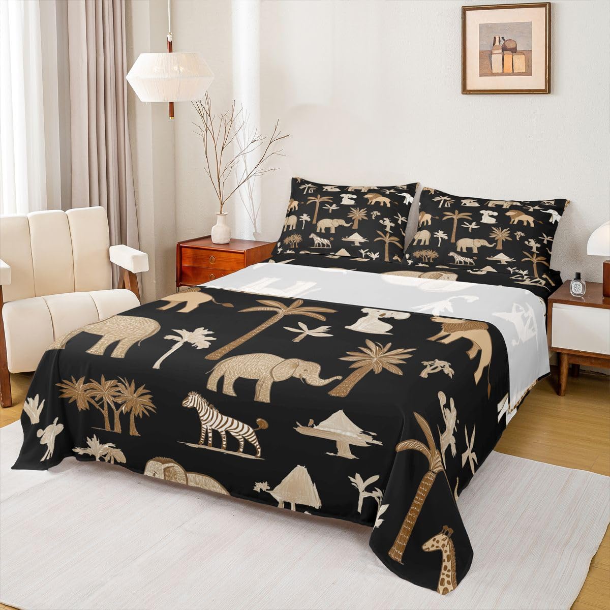 Erosebridal Jungle Animals Bed Sheets Full Cartoon Kawaii Sheet Set for Kids Boys Girls Elephant Lion Giraffe Animal Sheets Wildlife Flat Fitted Sheet 3 Pcs