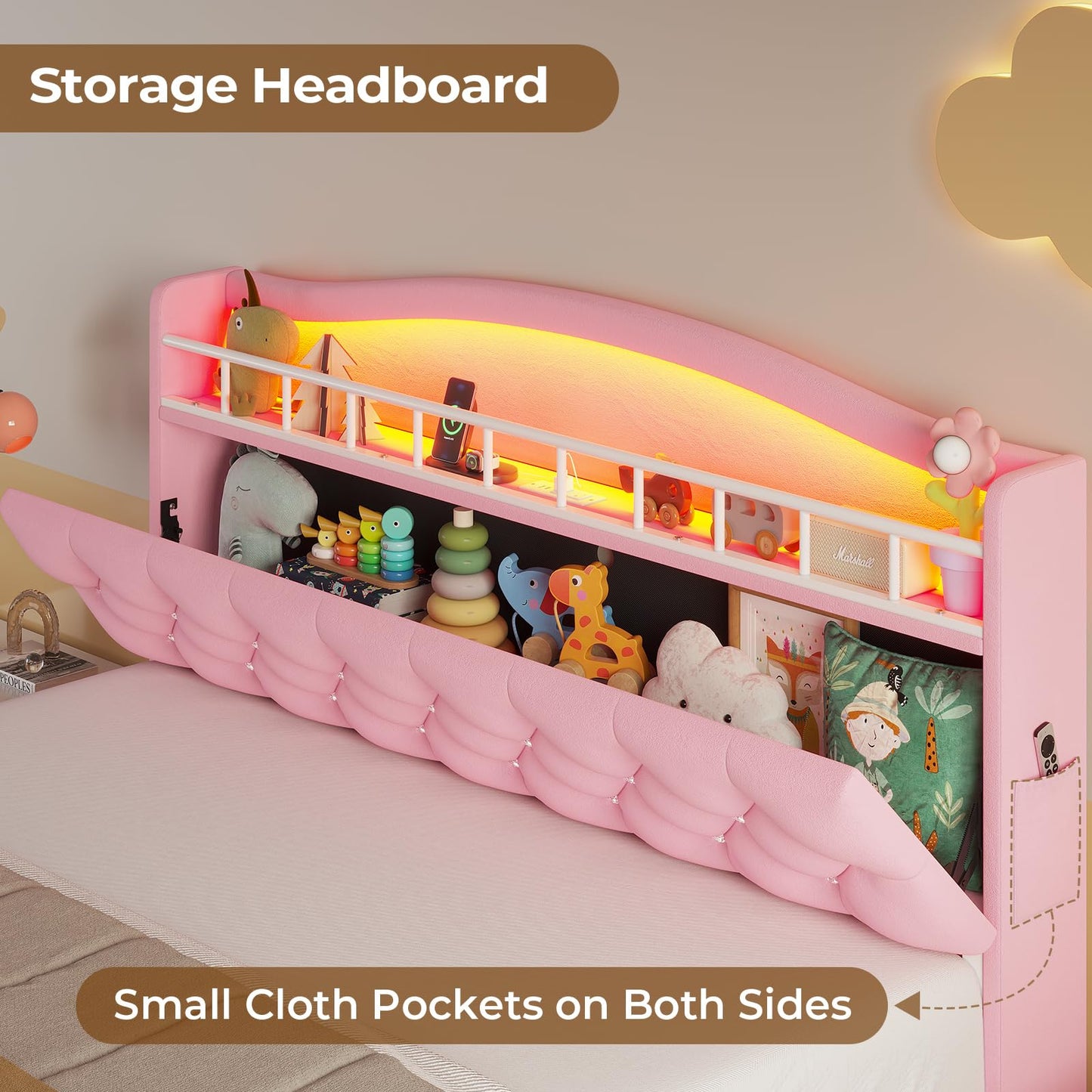 HAUOMS Full Bed Frame with LED Lights, Princess Velvet Upholstered Platform Bed for Girls, Headboard with Charging Station & Guardrail & Crystal Button, No Box Spring Needed, Pink