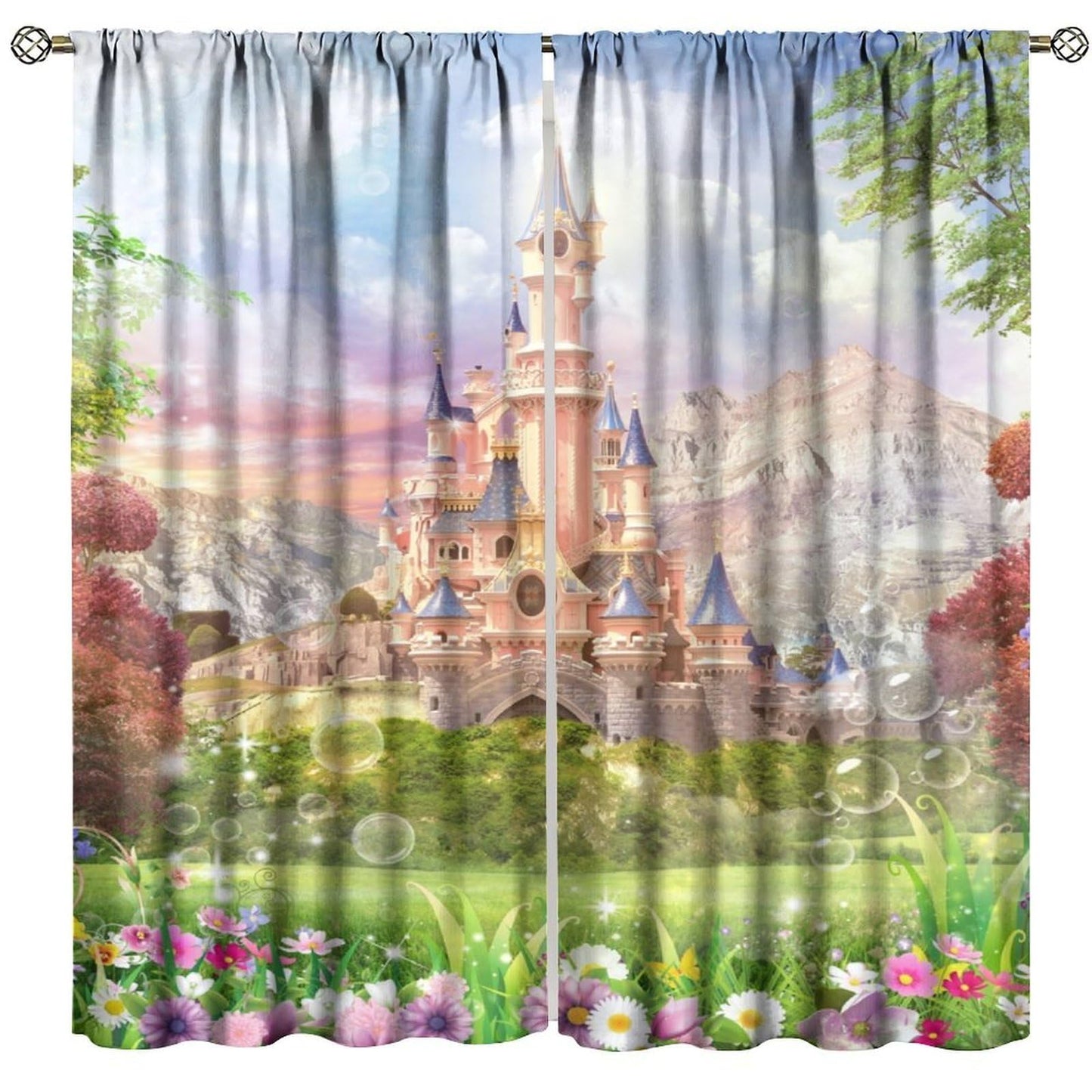 Pink Castle Curtains For Children Romantic Fairy Tale World One Garden Floral Castle Pattern Rod Pocket Window Drapes For Kids Girls Boys Bedroom Living Room 2 Panels Set 41x 45 in （No Blackout）