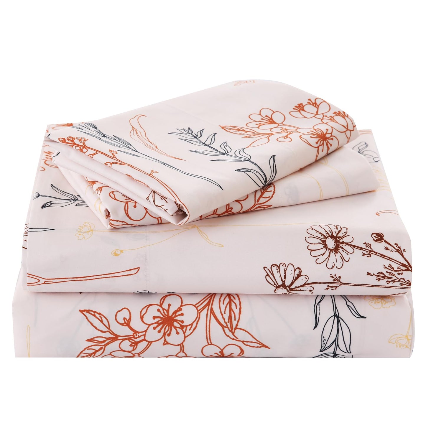 Yibeizi Floral Sheet Set King, Boho Botanical Rustic Pattern Bed Sheets Beige Fall Bedding Sheets & Pillowcases Soft Microfiber 15" Extra Deep Pocket Fitted Bedsheet 4 Piece