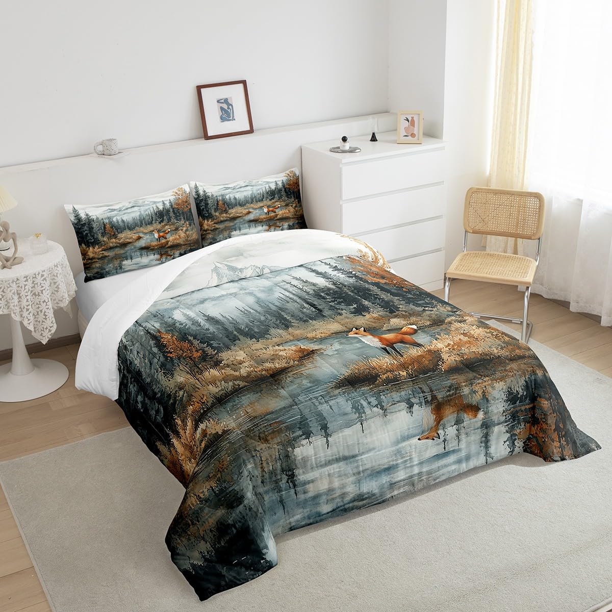 Fox Bedding Set Full Size,Tree Woodland Mountain Comforter Set for Kids Boys Girls Teens Room Decor,Lake House Nature Duvet Insert 3Pcs,Abstract Rustic Style Wild Animal Quilt Set,2 Pillowcases