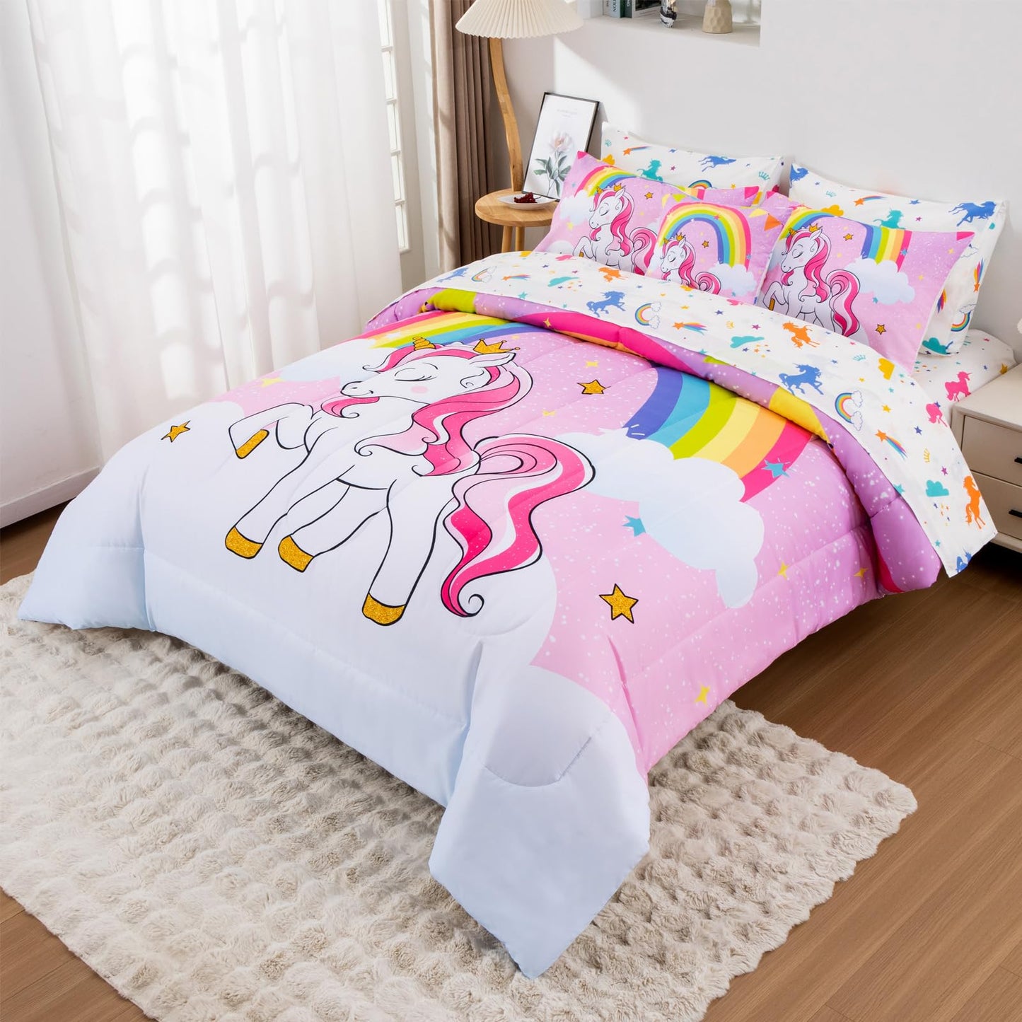 Keyroal Unicorn Twin Bedding Sets for Girls Kids Teens, 6 Piece Bed in a Bag Purple Rainbow Theme Unicorn Comforter Set Bedroom Decor with Printed Sheet Set