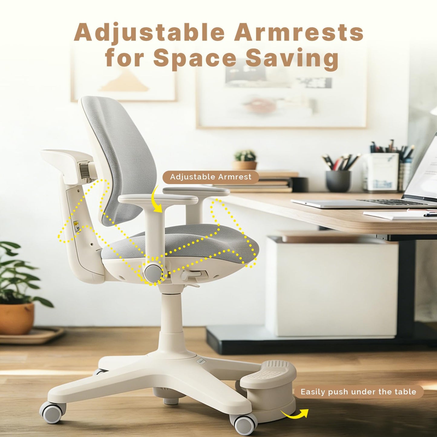 Ergonomic Kids Desk Chair with Adaptive Back Support, Adjustable Footrest, and 90° Flip-Up Armrests — Breathable Study Chair for Ages 3-12, Fits Home Office and Bedroom