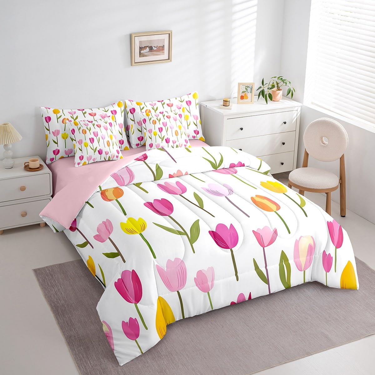 Erosebridal Tulips King Comforter Set 7 Piece for Kids Teen Women,Pink Yellow Tulips Flowers Bedding Set,Spring Summer Plants Floral Bed in A Bag Romantic Watercolor Botanical Bed Set