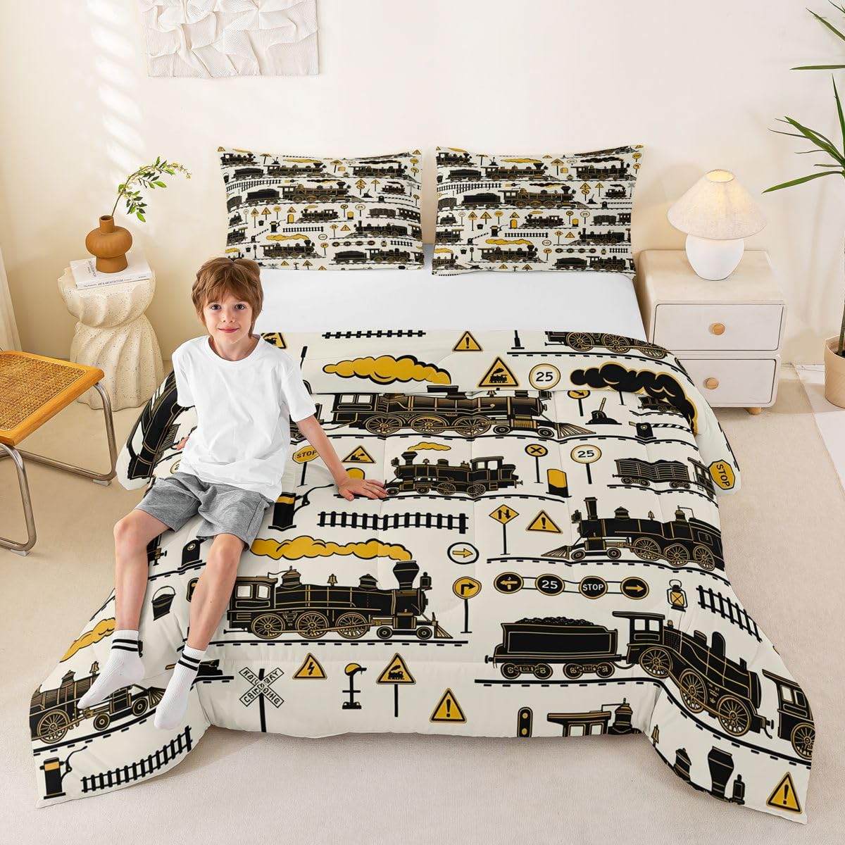 Erosebridal Cartoon Steam Train Kids Comforter Sets Funny Train Full Bedding Set for Boys Girls Retro Transport Vehicle Comforter Set Steampunk Railway Aesthetic Quilt Duvet 3 Pcs