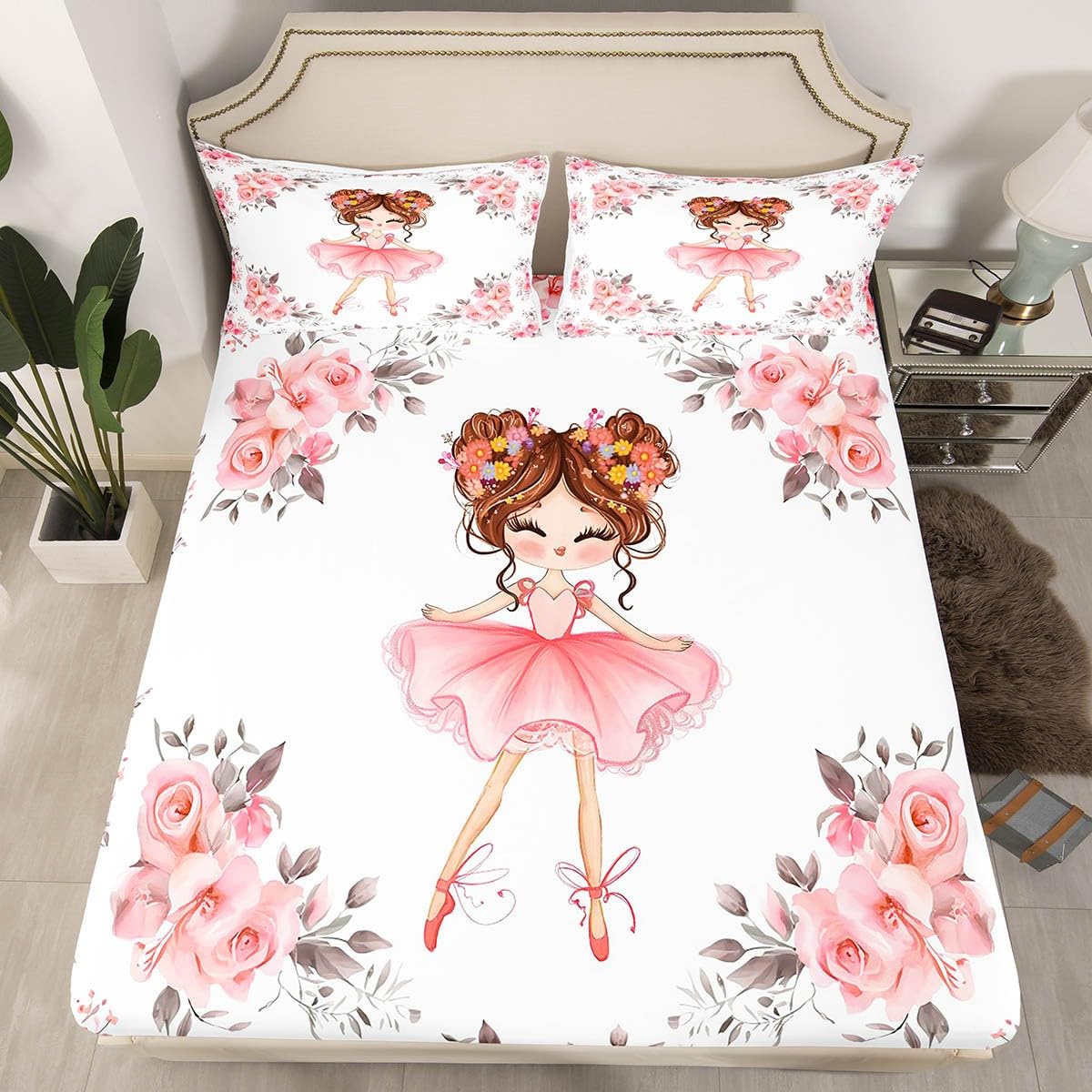 Erosebridal Ballet Bedding Sets Twin for Girls Kids Ballerina Design Fitted Sheet Cute Little Dancers Rose Flower Print Bed Sheets Girly Love Gymnastics Modern Trendy Pink White