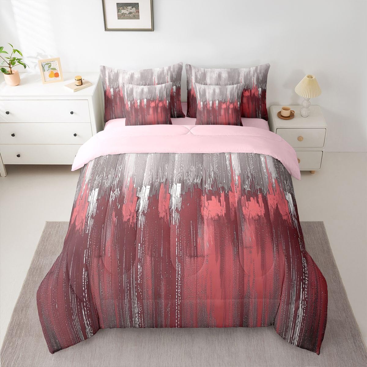 Erosebridal Greyish Gradient 7 Piece Bedding Set Queen White Rosy Comforter Set with Sheets Chic Abstract Art Graffiti Modern Bed in a Bag Farmhouse Ombre Vintage Retro for Teens Men Women