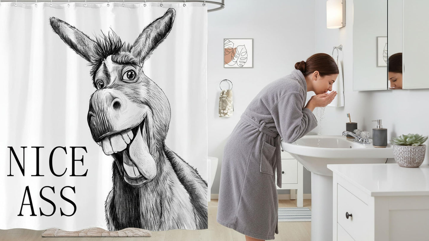 Zussun Funny Donkey Shower Curtain Rustic Farmhouse Shower Curtains for Bathroom Black and White Fun Cute Animal Wildlife Waterproof Fabric Bath Curtain Decor 72 X 72 Inch