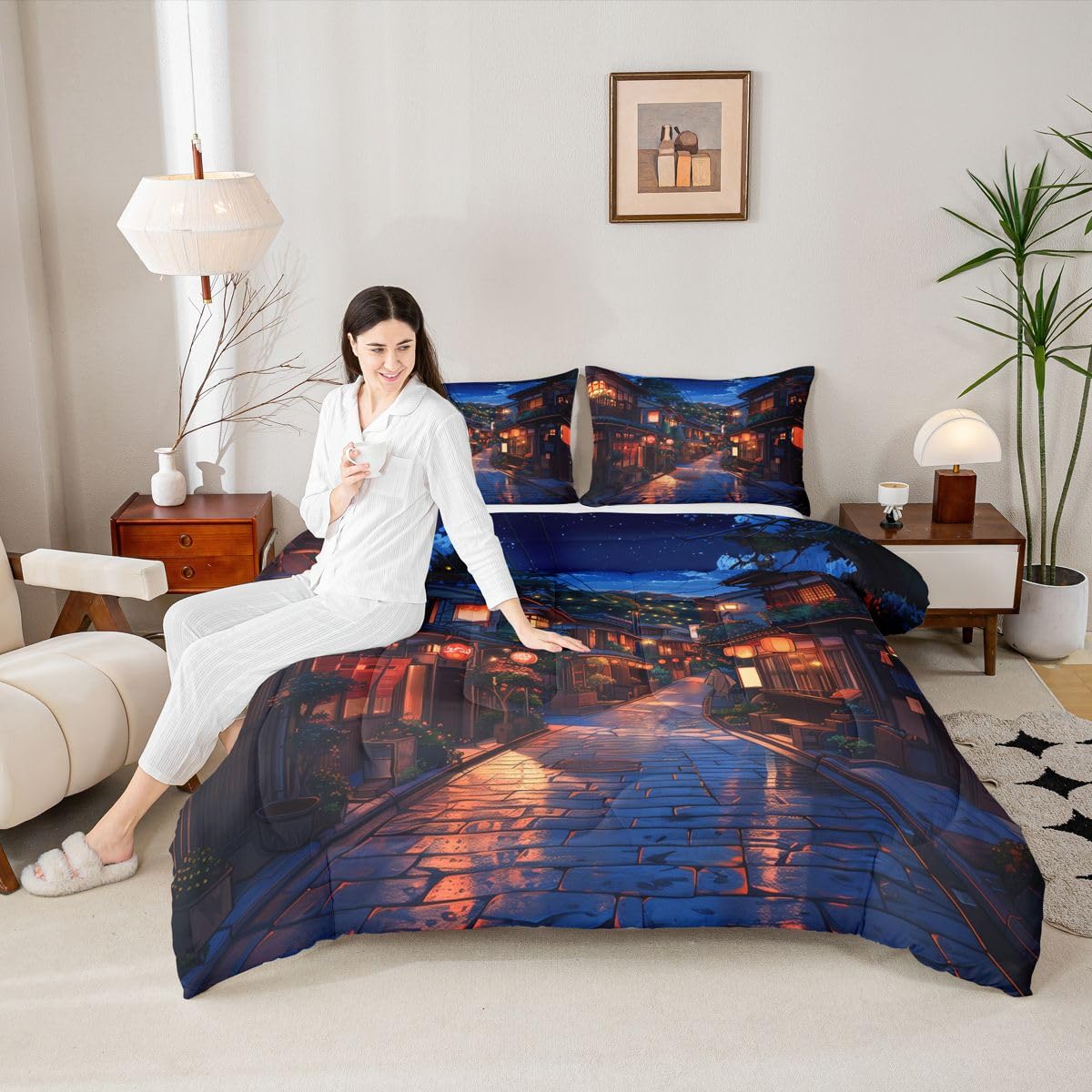 jejeloiu Japanese Comforter Set All Season Anime Street Bedding Set with 1 Pillow Cases Tokyo Modern Microfiber Kids Toddler Bedclothes Bedroom Decor Duvet Quilt Breathable Soft Lightweight
