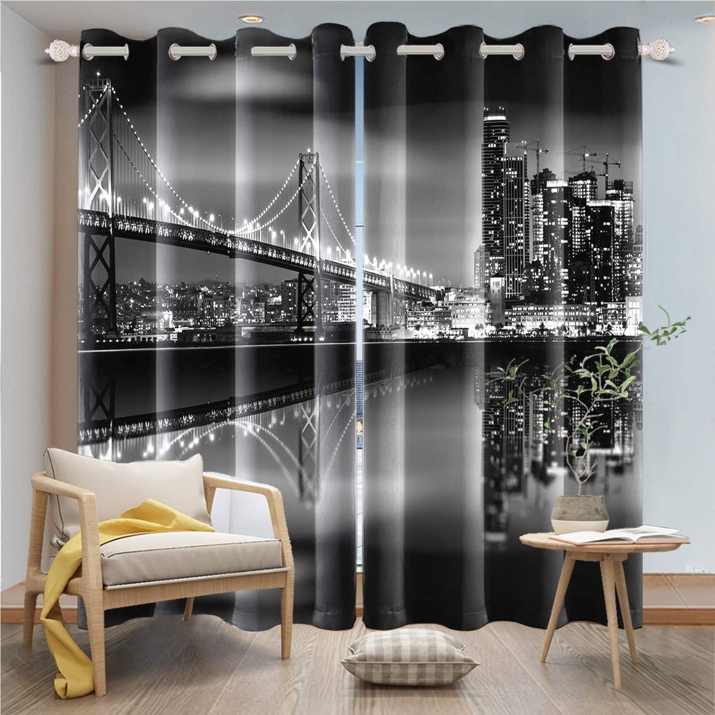 Umpoo City Night View Blackout Window Curtains San Francisco Urban Bridge Skyscrapers Black Scenery Window Drapes 2 Panels Set for Modern Living Room Bedroom Decor Window Treatment, 42x84 Inch