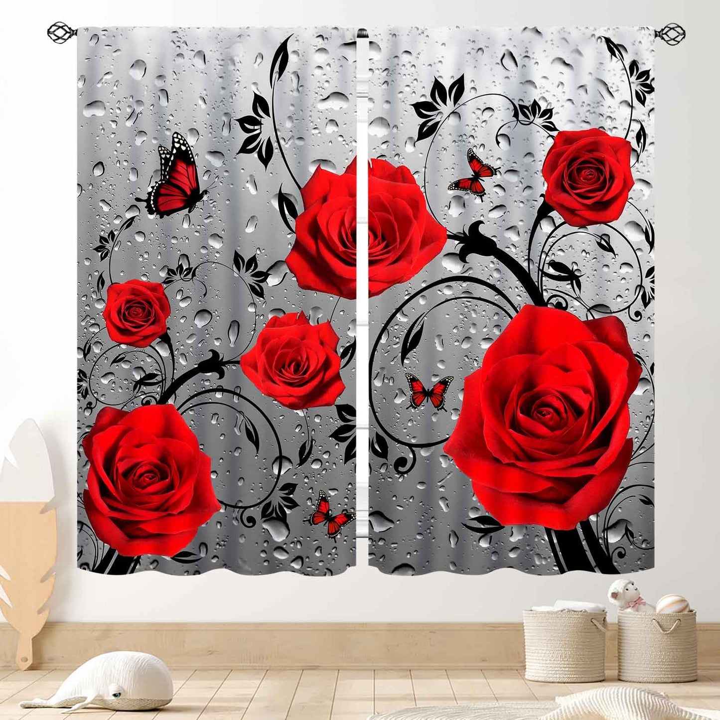 Red Rose Floral Curtains, Modern Abstract Romantic Flower Valentine's Day Romance Raindrops Gray Window Drapery Treatments for Woman Girls Bedroom Living Room Apartment Bathroom 2 Panels, 42"x45" Inch