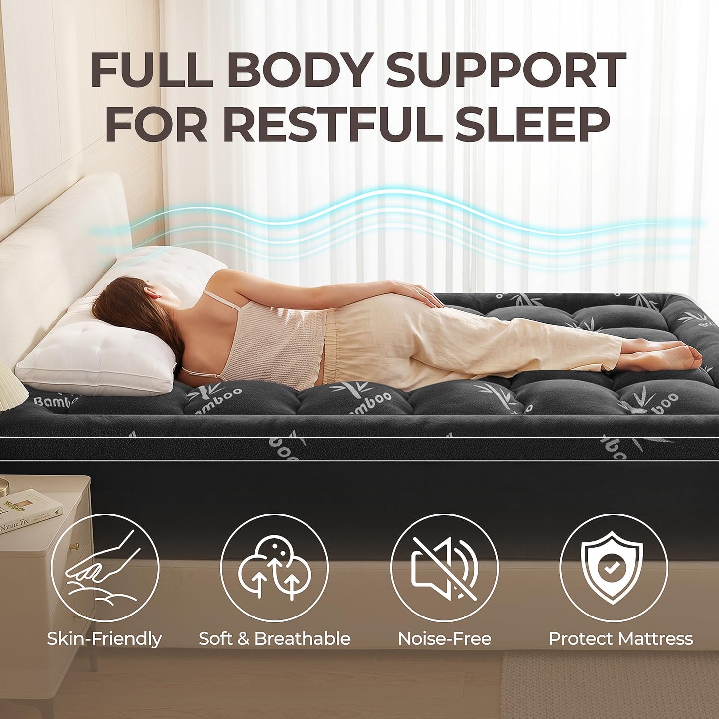 KELTARO Mattress Topper Queen Size,Viscose Made from Bamboo Extra Thick Mattress Pad 8-21" Deep Pocket Soft Down Alternative Fill Mattress Protector Pillow Top Mattress Cover(60x80 Inches) Dark Gray