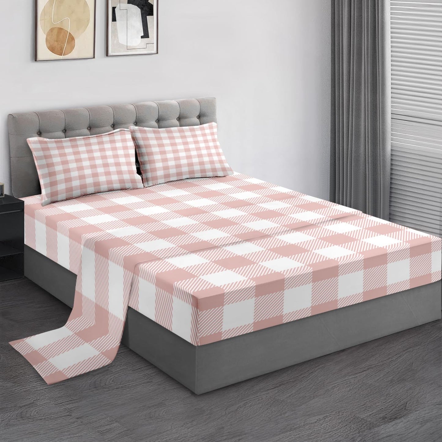 Pamnest Full Size Bed Sheet Sets, Valentine Gingham Buffalo Plaid Soft Microfiber 4 Pcs Bedding Sets for Kids and Adults Bedroom Bed Decor, Pink Cute Love Flat, Fitted Sheet and 2 Pillowcases