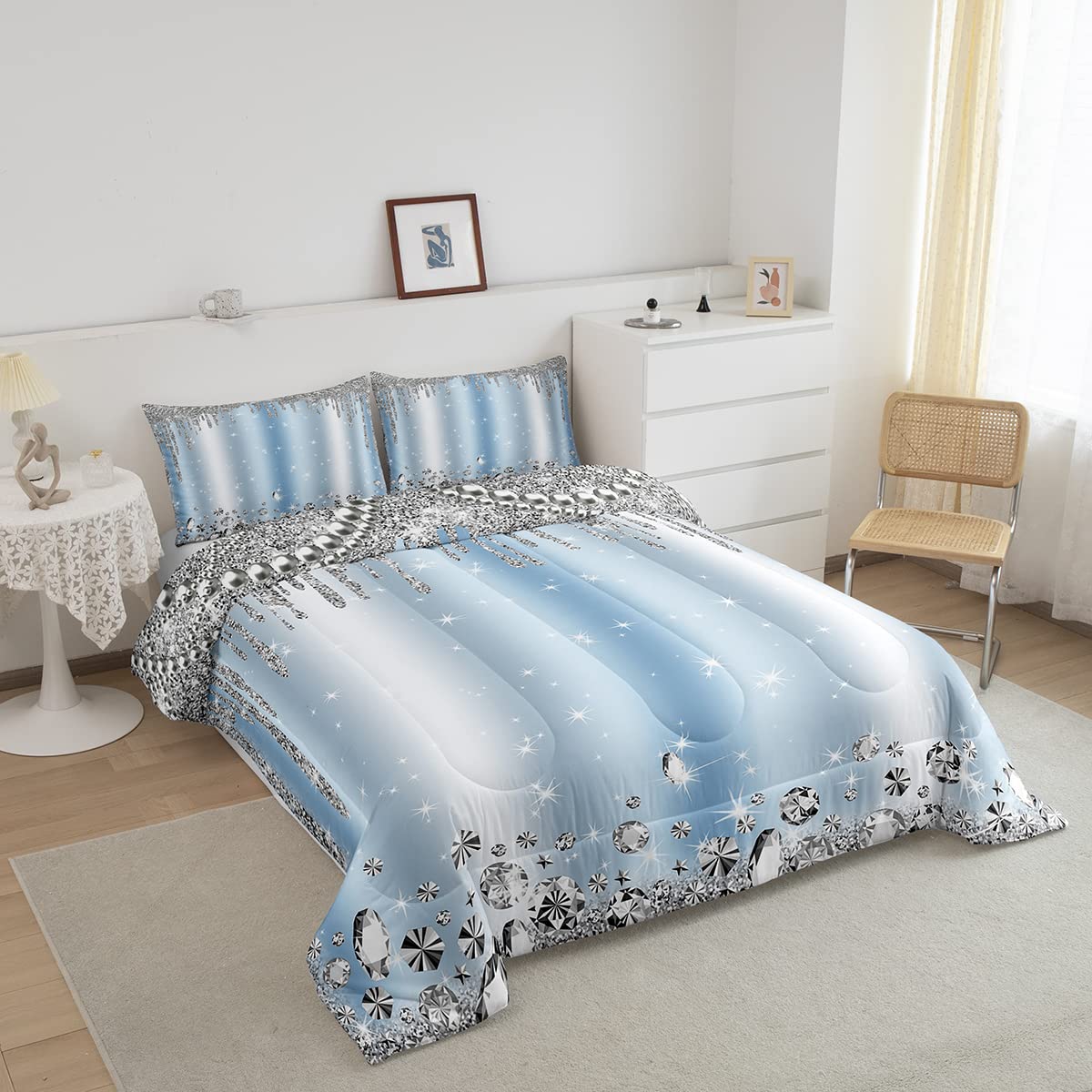 Silver Glitter Bedding Set (No Glitter) Bling Party Decorations Sky Blue Comforter Set for Kids Boys Girls Teens Diamond Jewelry Quilted Duvet Room Decor Galaxy Sparkling Bedspread Queen,3pcs